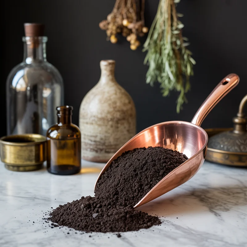 Dark granular soil amendment in copper scoop