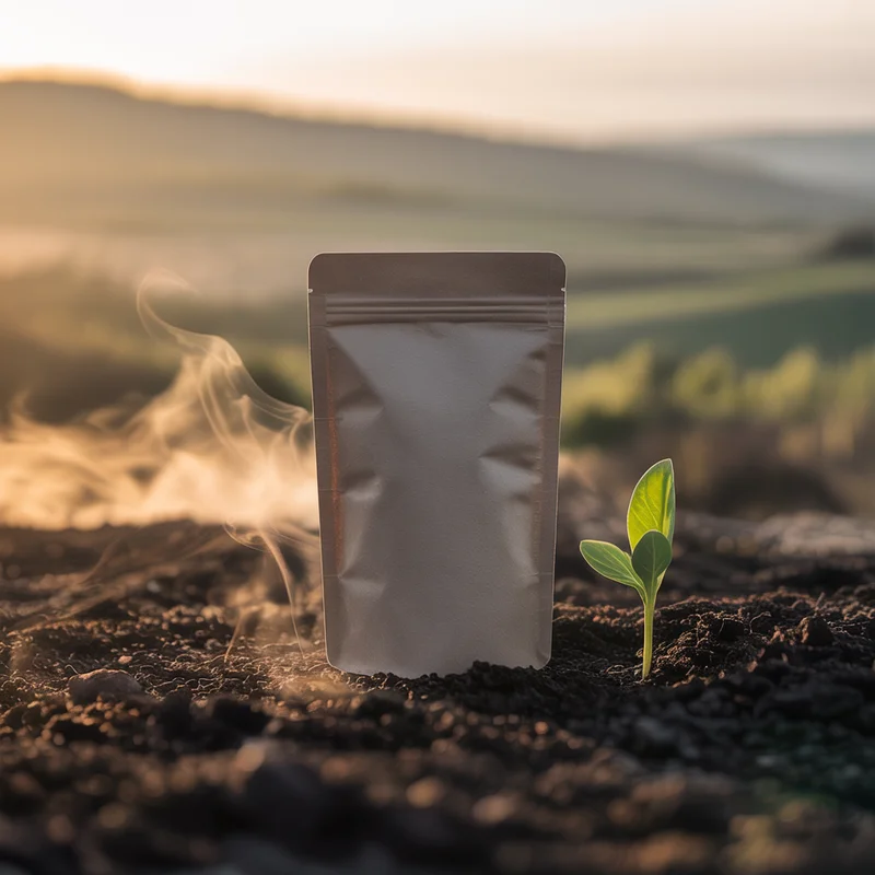 Kara Firma product pouch in natural setting with seedling