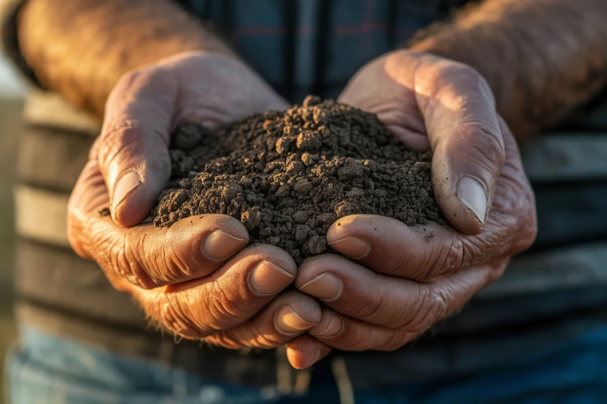 Rich dark humic soil held in weathered farmer's hands